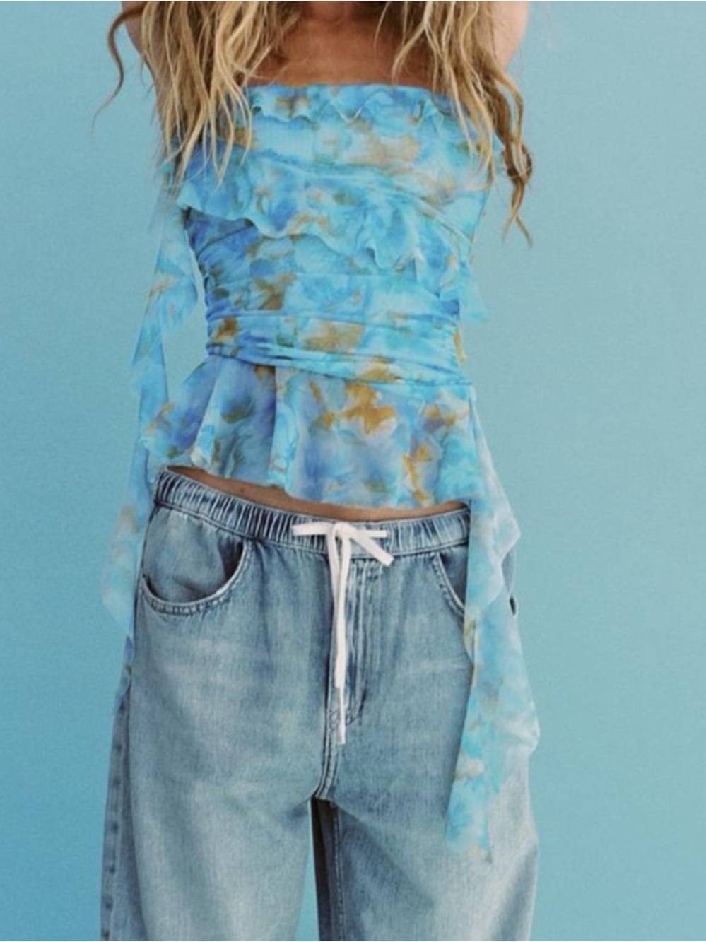 Zara Aqua Tie-Dye Strapless Peplum Camisole